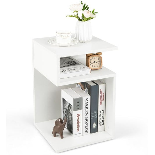 S'-förmiger Wohnzimmer Bank Beistelltisch mit 2 offenen Gewölben Kleiner Couchtisch mit geometrischem Design Weiß