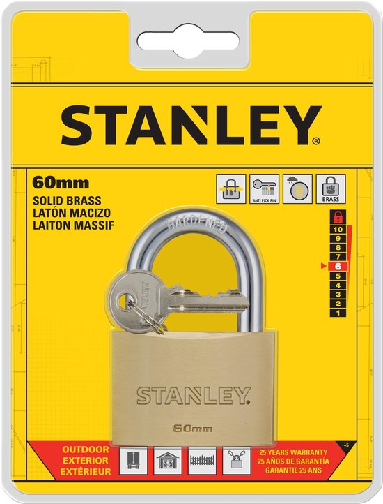 Stanley Vorhängeschloss - 60 MM - 2 Schlüssel - Massivmessing