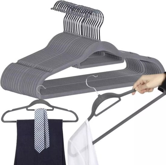 100er-Set Samt-Kleiderbügel – Grau – Rutschfest – 360° drehbarer Haken