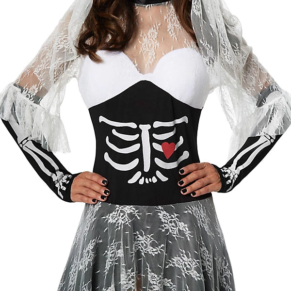DressForFun Gruseliges Skelett-Brautkostüm für Damen – Mit hochstehendem Spitzenkragen, gepolsterten Cups und Schleier – Für Halloween und Karneval – Schwarz-weißes Polyester – Größe S