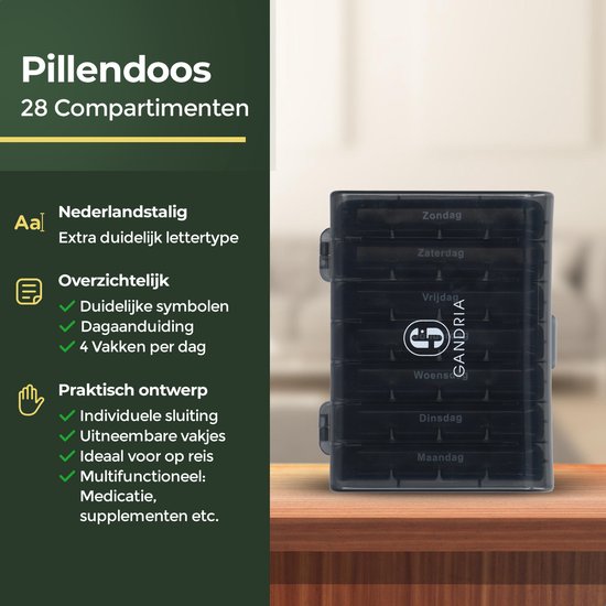 Gandria Pillenbox 7 Tage - Herausnehmbare Pillenbox - Medizinbox mit 28 Fächern - Medizinbox mit stabilem Verschluss - 4 Fächer pro Tag - Schwarz