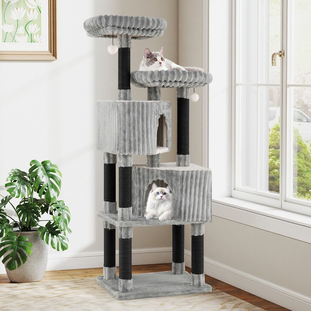 Coast Kratzbaum für Katzen – 2 Kuschelhöhlen – 2 Liegeplätze – hellgrau – 156 cm