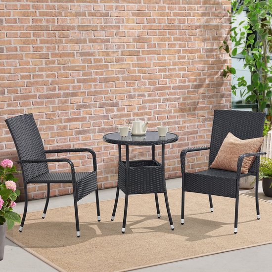Juskys Polyrotan Gartentisch / Beistelltisch / Balkontisch Yoro - Rund - 60 cm - Schwarz - Inkl. Glasplatte