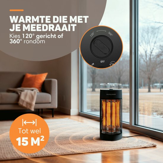 Vulpes Goods® Tech - Infrarotheizung - Elektroofen - Infrarotheizung - Heizung - Zusatzheizung für drinnen und draußen - 1200W - 120°/360° Rotation - 2 Wärmestufen - Kompakt & Tragbar - Geräuschlos - IPX4 Wasserdicht - Schwarz
