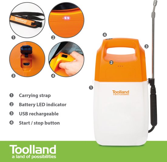 Toolland Drucksprüher, elektrisch, Akku, Teleskoplanze, verstellbarer Sprühkopf, Schultergurt, 6 Liter, weiß/orange/schwarz