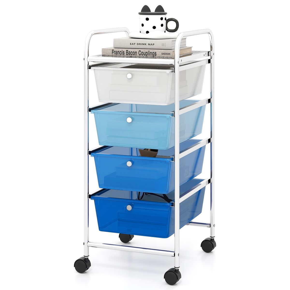 Coast Aufbewahrungswagen mit 4 Schubladen – Metallgestell – fahrbar – Schwarz/Bunt/Gelb/Transparent