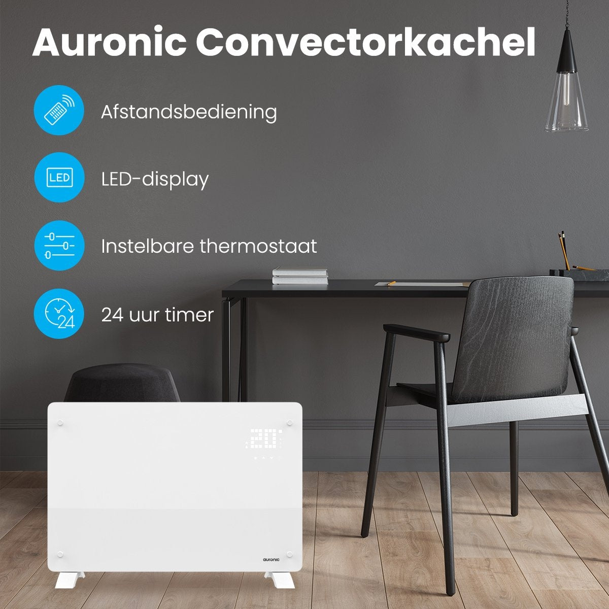 Auronic Electric Heater - Konvektorheizung mit Thermostat und Fernbedienung - Flächenheizung - bis zu 22 m3 - 2000 W - Weiß