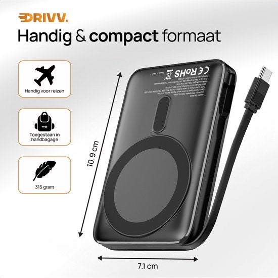 Powerbank 10.000 mAh, MagSafe-kompatibel, mit USB-C-Kabel – 3-in-1-Design – 22,5 W kabellose Powerbank – inklusive 60-W-Ladekabel – Schnellladefunktion – USB & USB-C – Schwarz