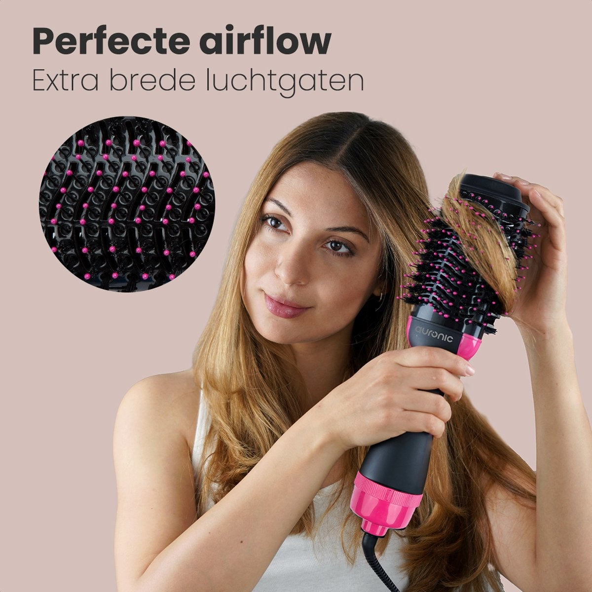 Auronic - 3-in-1 Haartrocknerbürste rund - Lang/Kurz/Style/Locken - Schwarz/Pink