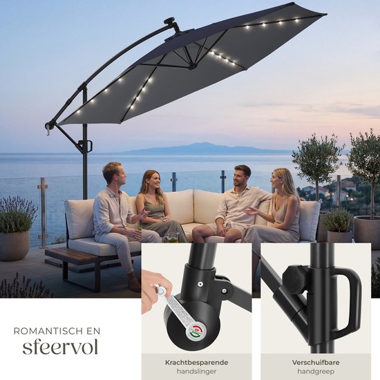 tectake® Schwebeschirm mit Sockel – 3,5 x 3,5 m – Gartenschirm mit solarbetriebener LED-Beleuchtung – schwenkbar – wasserabweisendes Polyester mit UV-Schutz – inklusive Schutzhülle – grau