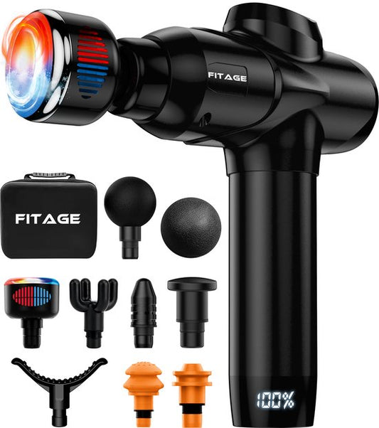 FITAGE - Massage Gun Hot & Cold - Professionelles Massagegerät - 8 Aufsätze - 20 Stufen - schwarz