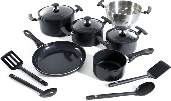 BK Vivid Keramik-Antihaft-Pfannenset, 13-teilig – Ø 16–28 cm - Bratpfanne – Pfanne – PFAS-frei – Induktionsgeeignetes Pfannenset – Ofenfest bis 160 °C – Spülmaschinenfest – Schnelles Aufheizen – Kaltgriffe – Schwarz