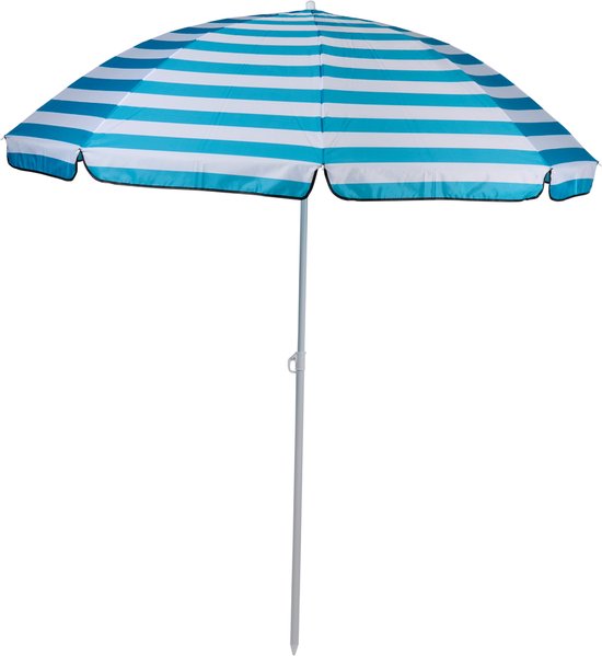 Camp Active Sonnenschirm – Stangensonnenschirm – Strandsonnenschirm mit Erdspieß ⌀170 x 200 cm – Balkonsonnenschirm – Sonnenschutz – Blau/Weiß gestreift