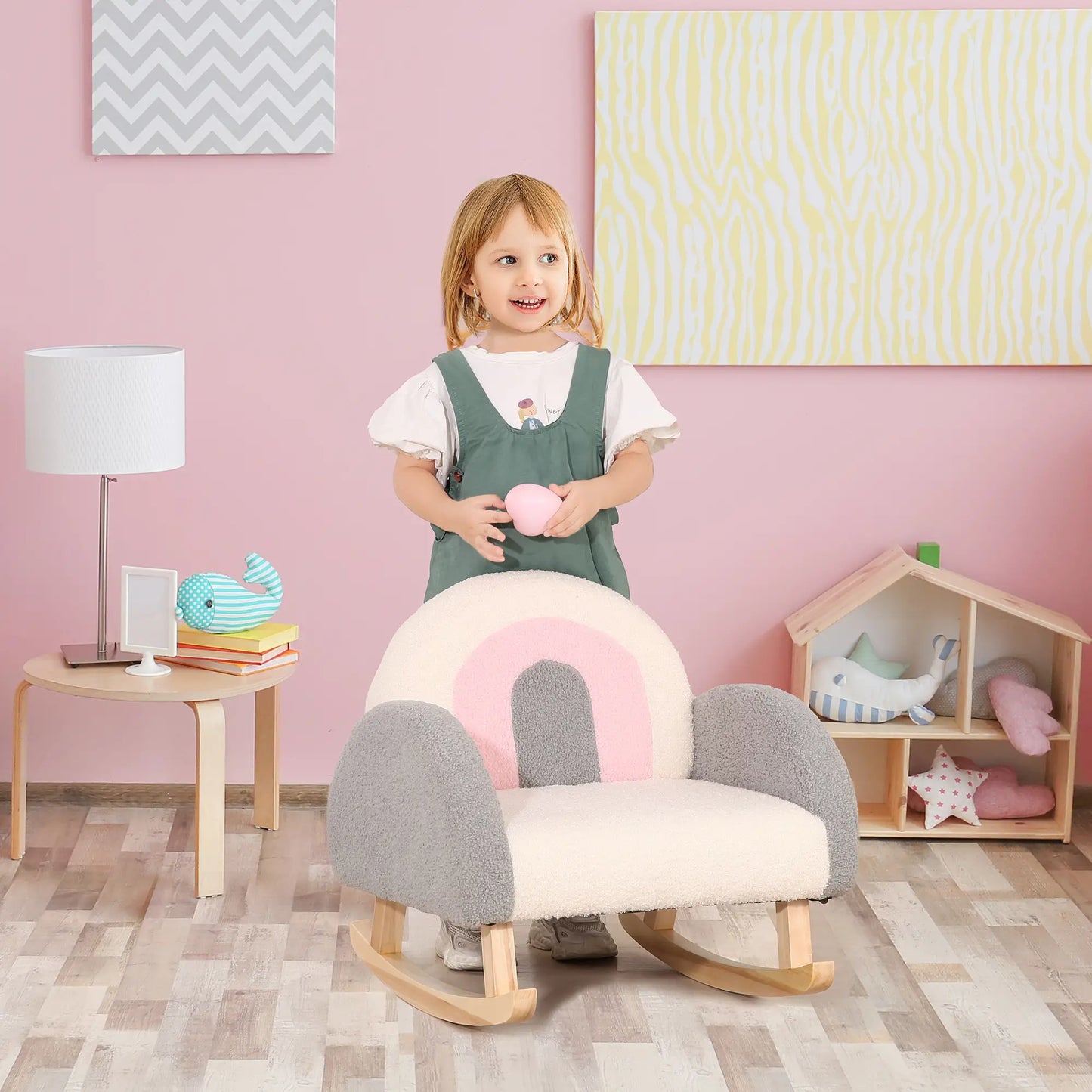 HOMCOM Kinderschaukelstuhl - Grau - 50 x 45 x 44 cm - Bequemer Stuhl mit weicher Polsterung und stabilem Holzrahmen
