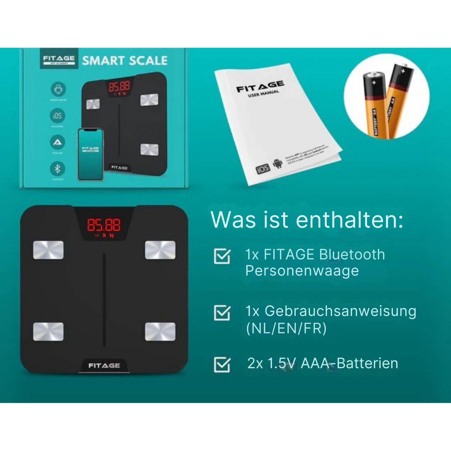 FITAGE Smart Waage - mit App - misst 17 Körperwerte - Schwarz