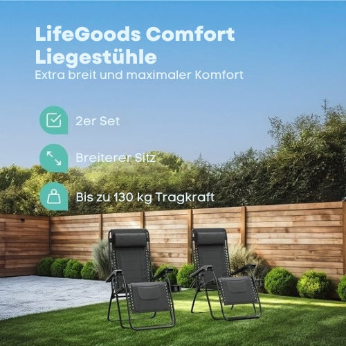 LifeGoods Liegestühle Komfort - klappbar - 30°-90° verstellbar - Schwarz