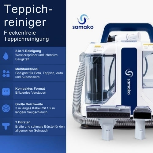 Samako - Professioneller Teppichreiniger - Tragbar - Sofa-Reiniger- Mit Extra-Bürste - Weiß/Blau
