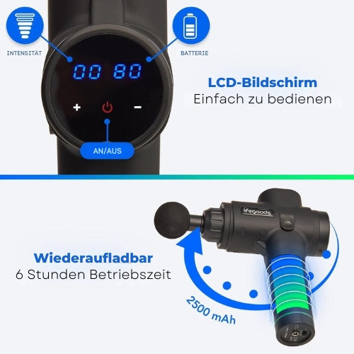 LifeGoods Massagepistole - 6 Aufsätze - 30 Stufen - Professionelles Massagegerät - Schwarz