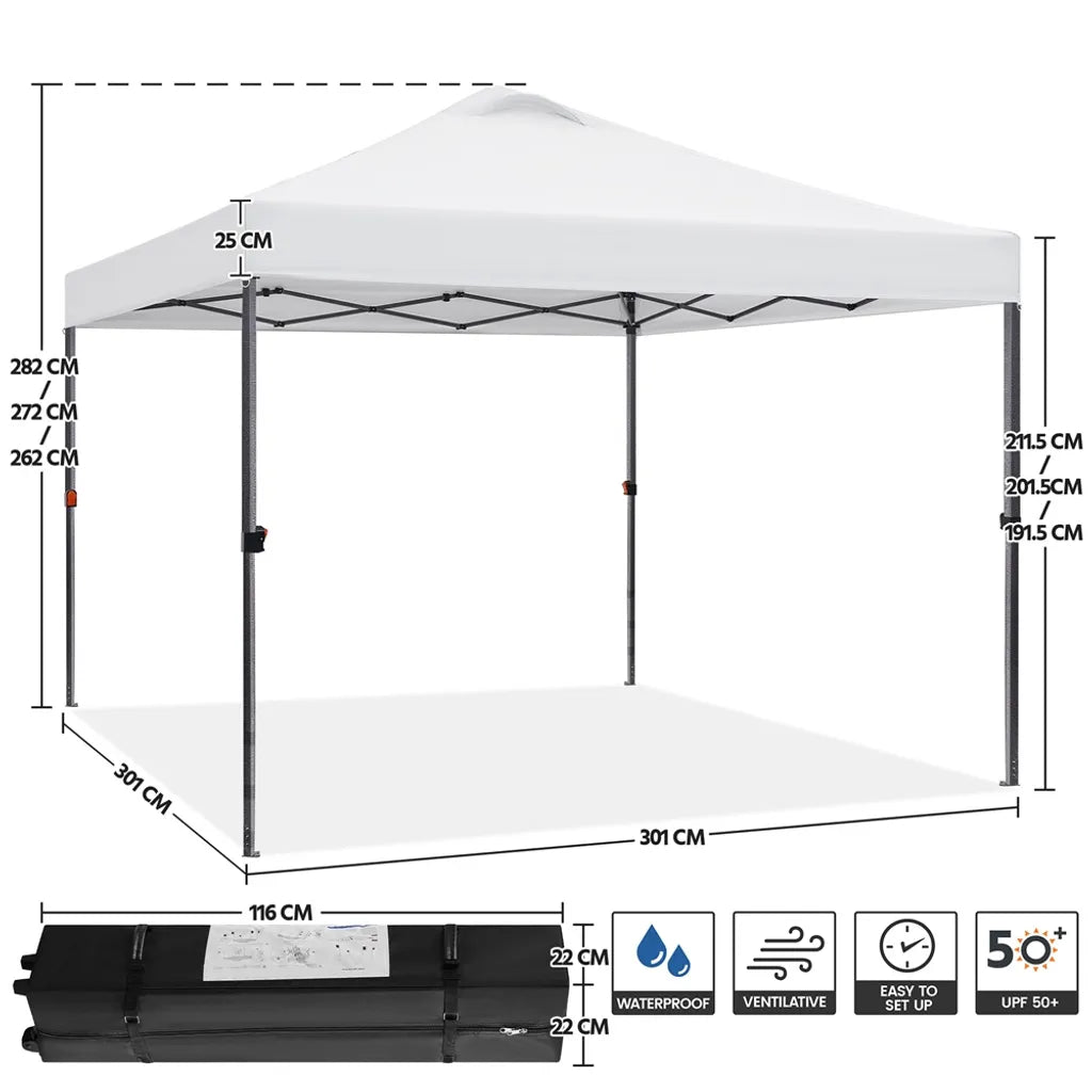 Yaheetech Faltbares Partyzelt 3 x 3 m – Weiß – Wasserdicht – Höhenverstellbar – UV50+ – Inklusive Tragetasche und 4 Sandsäcken