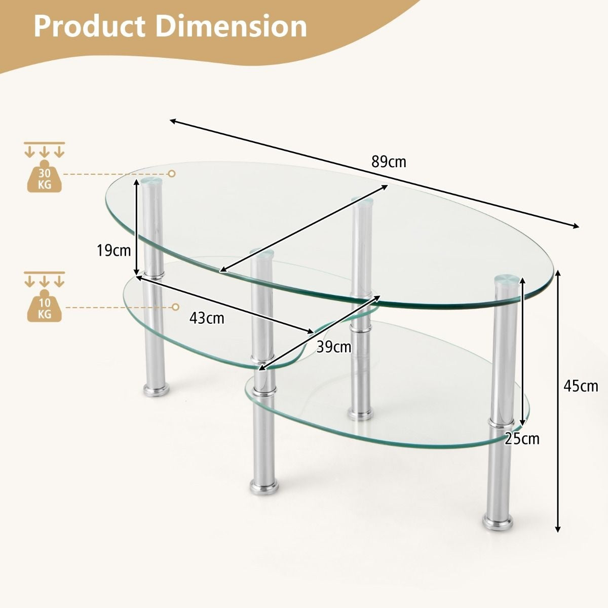 Coast Couchtisch - 3 Schichten - gehärtetes Glas - Modern - 89 x 50 x 45 cm - Weiß
