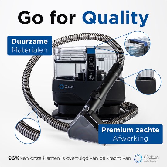 Qclean® Teppichreiniger GO+ 1800 W - All-in-1-Dampfreiniger & Fleckenentferner – Für Teppiche, Möbel, Küche und Bad – Selbstreinigend – Sitzmöbelreiniger – Sofarreiniger – Reinigungsgerät – Wasserstaubsauger – Inkl. Reinigungsmittel