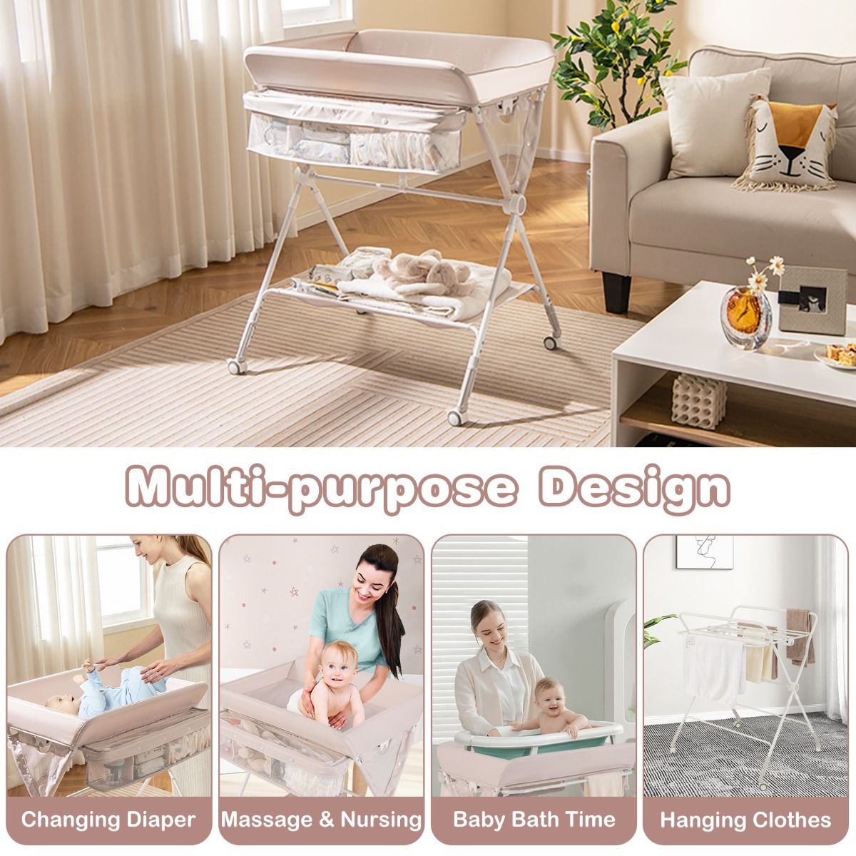 Coast Klappbarer Wickeltisch – höhenverstellbar – mit Rollen und Stauraum – 81 x 66,5 x 95–101 cm