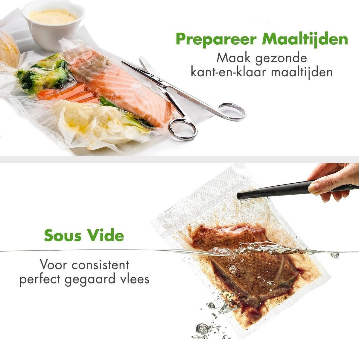 KitchenBrothers Vakuumierer - 4 Einstellungen - Inkl. Folienrolle, Vakuumbeutel und Vakuumschlauch