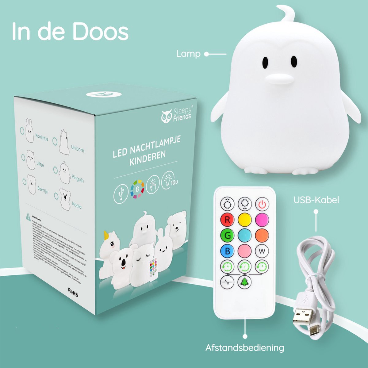 Sleepy Friends Pinguin-Nachtlicht für Kinder - 8 Farben LED - dimmbar & Touch - USB aufladbar - 95.2 x 97.4 x 100 mm - weiches Silikon
