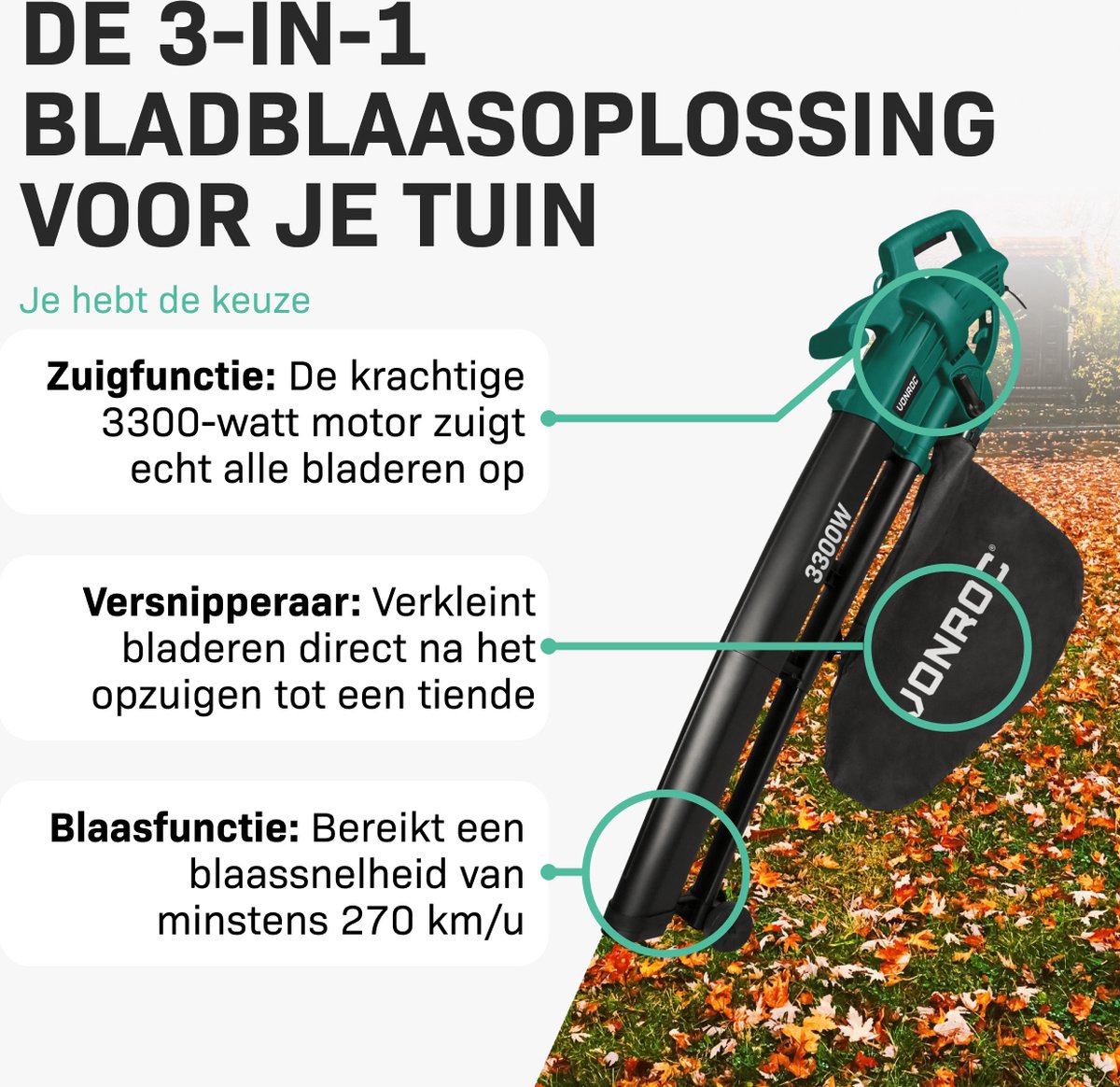 VONROC Laubbläser - Saugen & Häckseln - 3300 W - Inkl. 40-Liter-Auffangsack - Schwarz