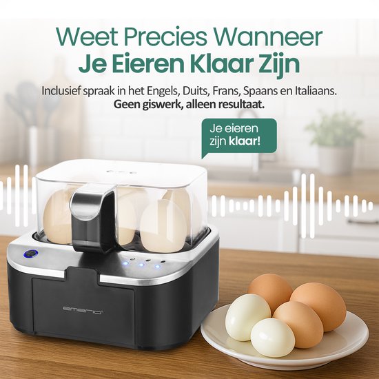 Emerio Smart Elektrischer Eierkocher – Für 6 Eier – 400 W – Sprachansagen – Hart, weich und mittel gekocht gleichzeitig – Inklusive Messbecher – EB-123177.12 – Eierkocher Schwarz