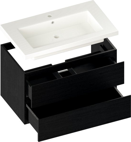 Mirlux Badezimmerschrank Schwarze Eiche 80 cm – Waschbecken Weiß – Badezimmerschrank-Set – Waschbeckenunterschrank Schwarze Eiche