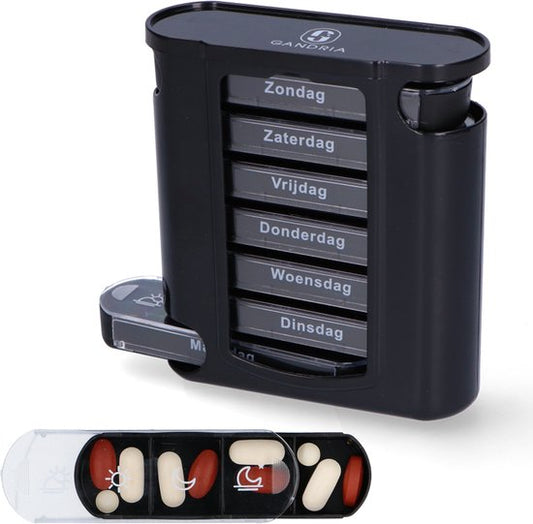 Gandria Pillendose 7 Tage - Herausnehmbare Pillendose - Stapelbare Medikamentenbox mit 28 Fächern - Medikamentenbox mit stabilem Verschluss - 4 Fächer pro Tag - Schwarz