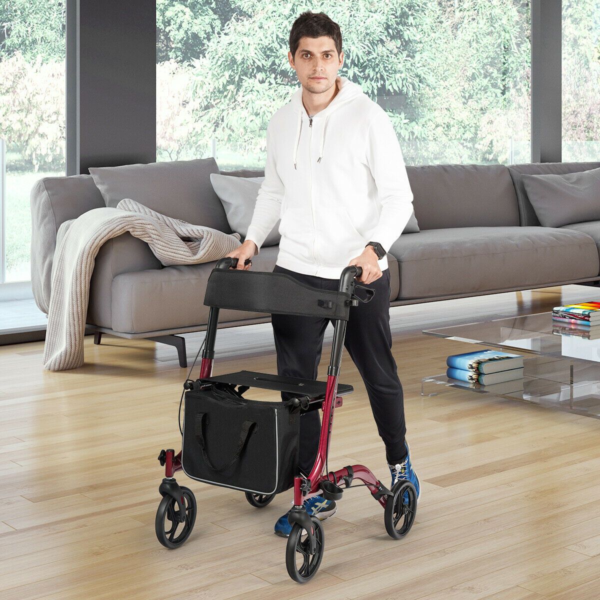 Coast Faltbarer Aluminium Rollator mit 4 Rädern, Rot - 54 x 74 x 82-95 cm