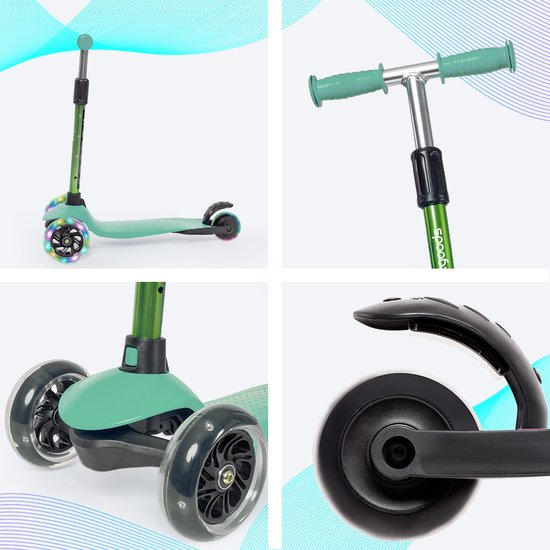 LifeGoods Kinder-Tretroller – Für 2–5-Jährige – 3 leuchtende LED-Räder – Höhenverstellbar – Jungen/Mädchen – Münzgrün