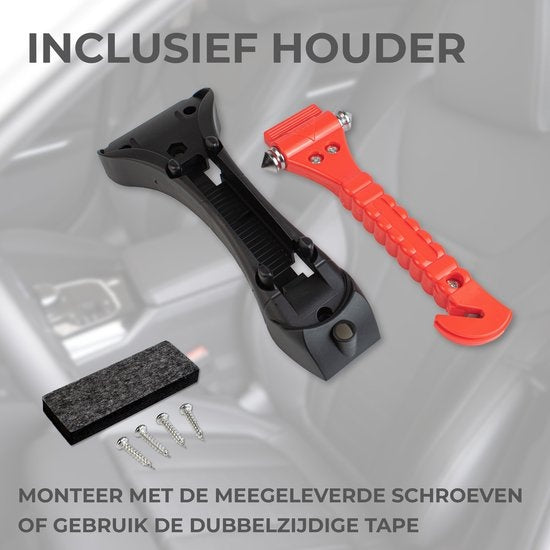 Veiligheidshamer - 1 Stuk - Noodhamer Met Gordelsnijder - Incl. Houder en bevestigingsmateriaal - Oranje