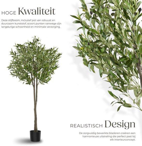 tectake® - Künstlicher Olivenbaum Oleand - Mediterrane Kunstpflanze mit realistischen Blättern und Oliven - Pflegeleicht und vielseitig einsetzbar - Inklusive stabilem Blumentopf - Höhe: 150 cm