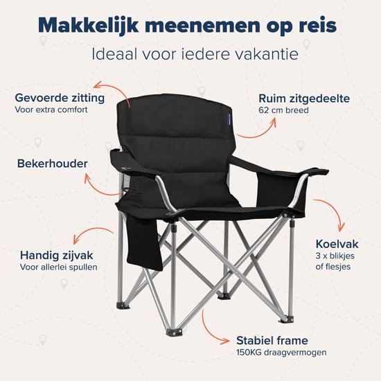 TRVLMORE Campingstuhl - Zusammenklappbar - Komfortabler Klappstuhl - 150 kg Belastbarkeit - Getränkehalter - Kühlfach - Seitentasche - Schwarz