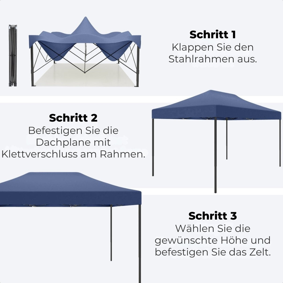 LifeGoods Partyzelt - Pavillon - 3x4,5 m - leicht aufbaubar - faltbar - wasserdicht - Tragetasche mit Rädern - dunkelblau