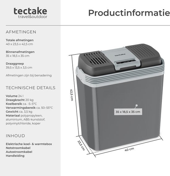 tectake® Kühlbox – elektrisch – 24 Liter – Tragegriff – Auto-Thermobox – Warmhaltebox – 12-V- und 230-V-Ladegerät – Camping-Kühlschrank – Kühlen und Heizen
