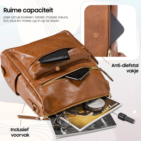 Glennoo - Rucksack Damen - Wasserdicht - Anti-Diebstahl-Fach - Rücken, Schulter, Handtasche - hellbraun