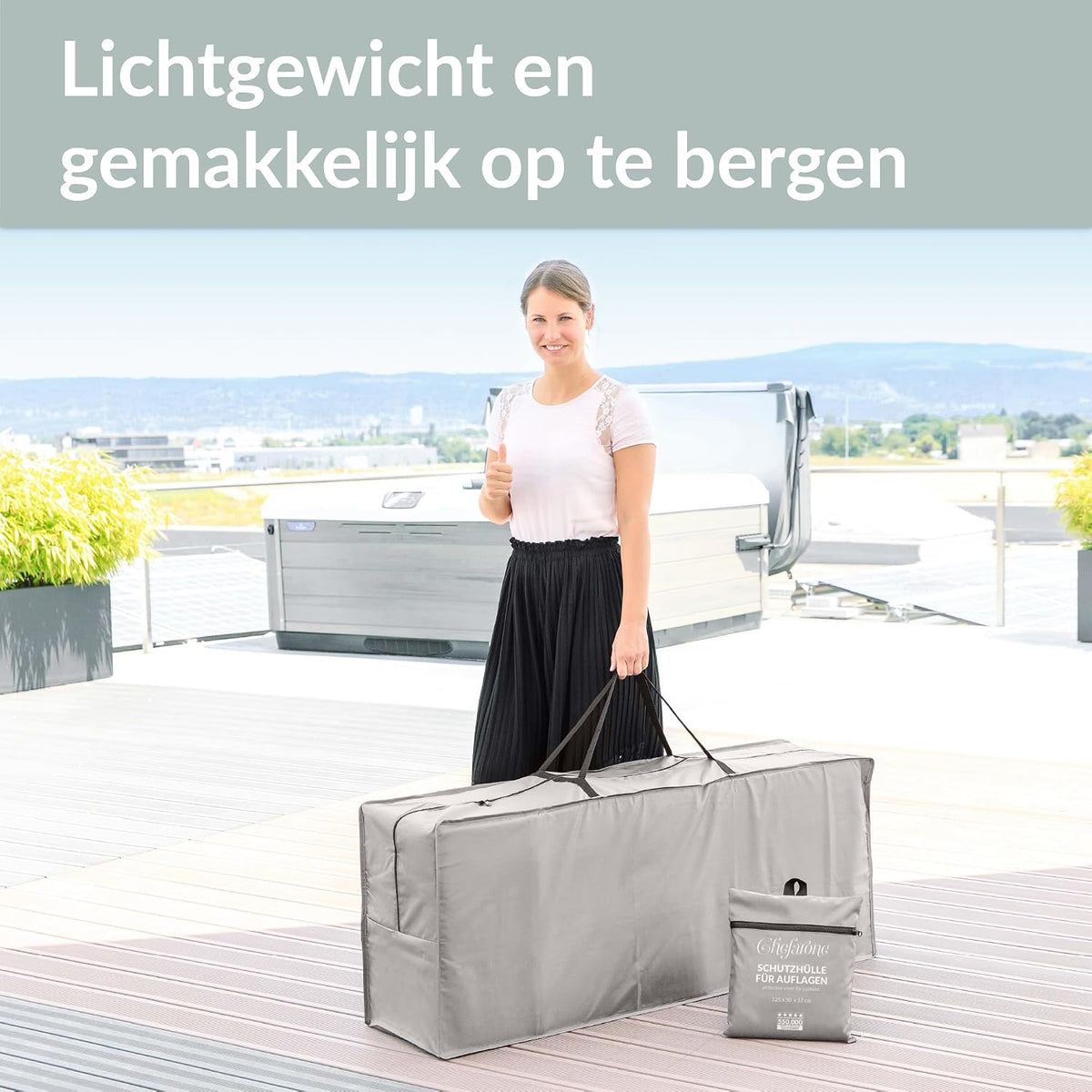 Chefarone Aufbewahrungstasche für Gartenkissen – wasserabweisend – 125 x 50 x 32 cm – 420D Polyester – hellgrau