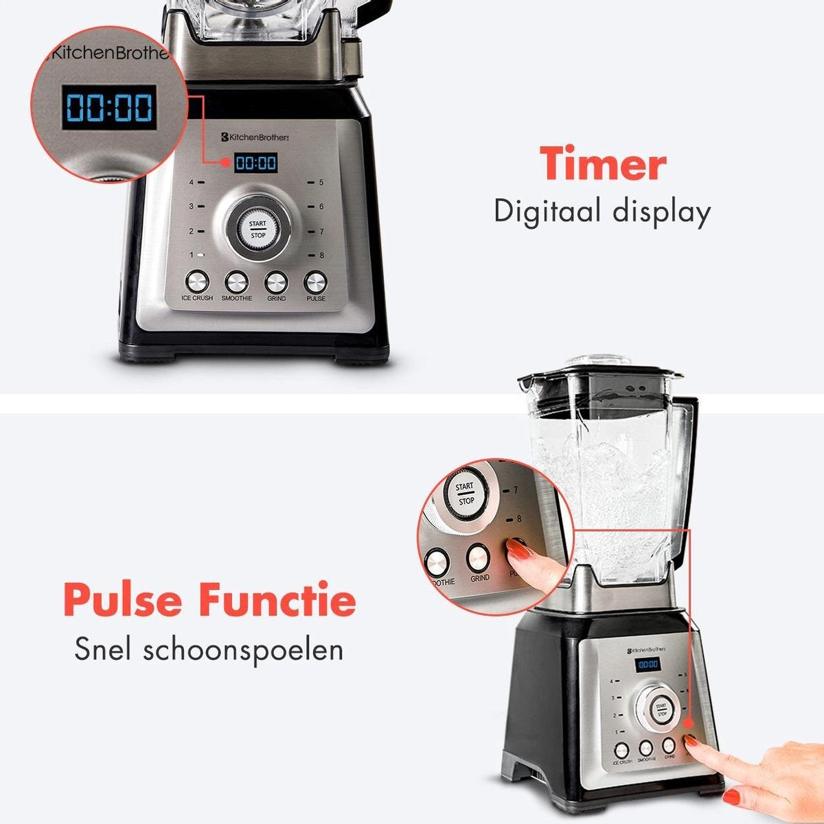 KitchenBrothers - Power Blender - Mixer - 2000W - 2L - Smoothie Maker - 8 Stufen/4 Geschwindigkeiten - Edelstahl