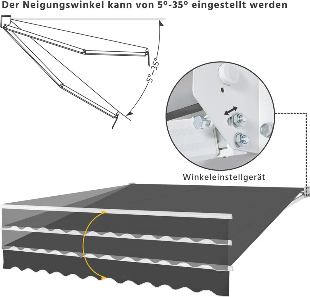 Yaheetech Gelenkarmmarkise 300 × 250 cm - Dunkelgrau - Manuelles Sonnensegel mit Kurbel und verstellbarem Winkel 5-35°