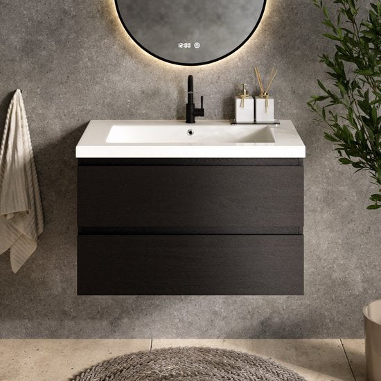 Mirlux Badezimmerschrank Schwarze Eiche 80 cm – Waschbecken Weiß – Badezimmerschrank-Set – Waschbeckenunterschrank Schwarze Eiche