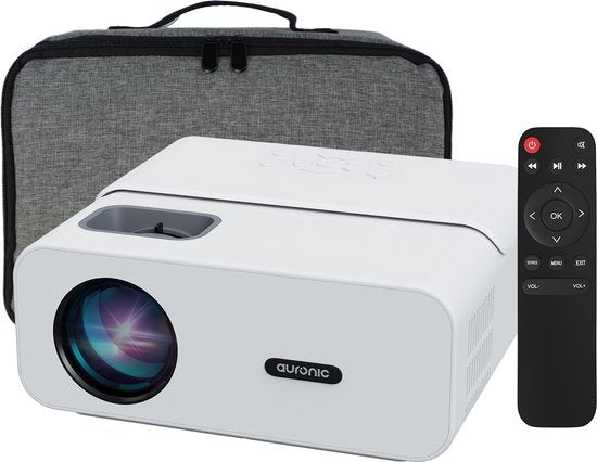 Auronic Beamer - 10.000 Lumen - WiFi - 170-Zoll-Projektor - Full HD - HDMI-Kabel, Fernbedienung, Projektionswand und Tragetasche - Weiß