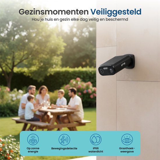 Gologi Solar Premium-Überwachungskamera für den Außenbereich – 10.400 mAh – 2,5K – Nachtsicht – Bewegungserkennung – Überwachungskamera – Solarpanel – kabellos – USB-C – WLAN und App – Schwarz