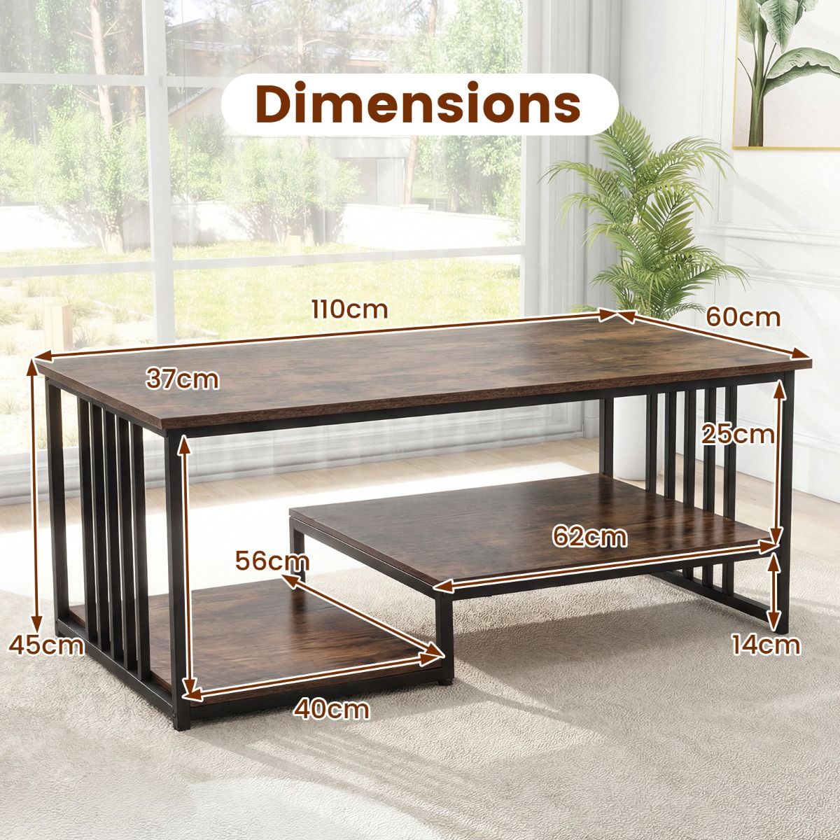 Coast Couchtisch – rechteckig – 2 Ablageflächen – rustikales Braun/Schwarz – 110 x 60 x 45 cm
