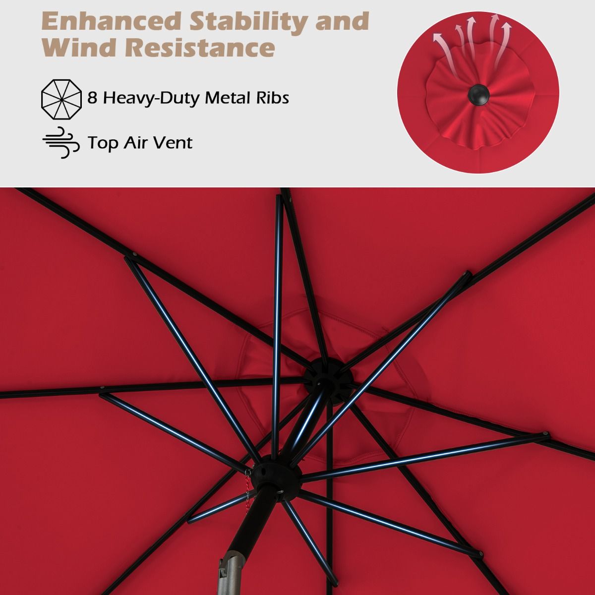 Coast 303 cm Runder Terrassen-Sonnenschirm Rot - Kippbarer Sonnenschirm mit Kurbel & 8 Ballen, doppellagig