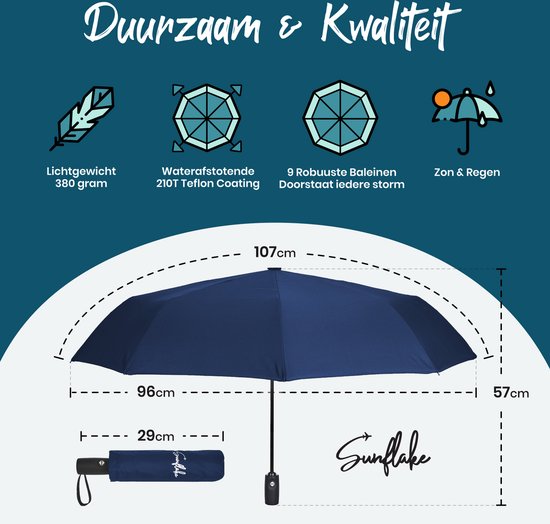 Sturmschirm faltbar - Sturmsicher bis 140km/h - Automatisch faltbar - Inkl. Schutzhülle und Reiseetui - Blau - Sunflake