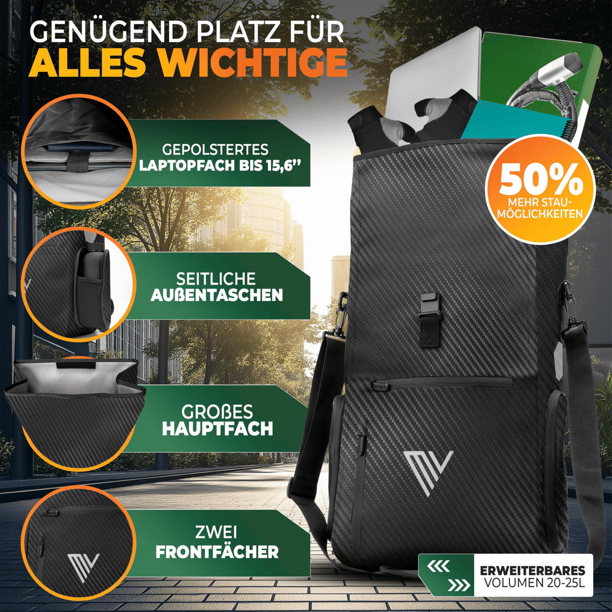 MIVELO - EVO - 25L - 3-in-1-Fahrradtasche für den Gepäckträger – 100 % wasserdicht – Schwarz Carbon